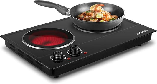 CUSIMAX Double Burner, 1800W Ceramic Electric Hot Plate for Cooking, Black | Countertop Infrared Burner with Dual Temperature Control, Heat-up in Seconds, Works with All Cookware, Stainless Steel
