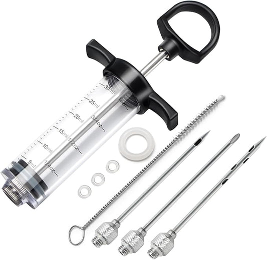 Tri-Sworker Plastic Meat Injector Kit for Smoker with 3 Flavor Food Syringe Needles, Ideal for Injecting Marinade into Turkey, Meat, Brisket; 1-OZ; Including Paper User Manual, Recipe E-Book (PDF)