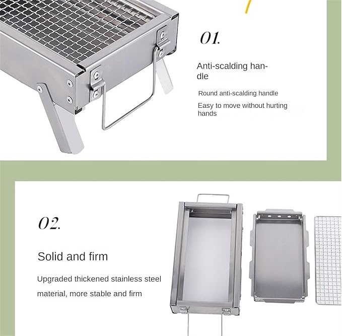 BBQ Grill Barbeque Grill Outdoor Charcoal Barbecue Grill Stainless Steel Portable Folding Grill for Home Picnic Barbeque Grill for Camping (Silver 33.5 * 19.5 * 13cm)