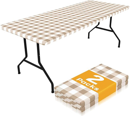Smiry Picnic Table Cloth 2 Pack, Waterproof Elastic Fitted Tablecloths for 18x72 Rectangle Tables, Washable Polyester Buffalo Plaid Tablecloth for Camping, Dining & Outdoor (Khaki & White, 18" x 72")