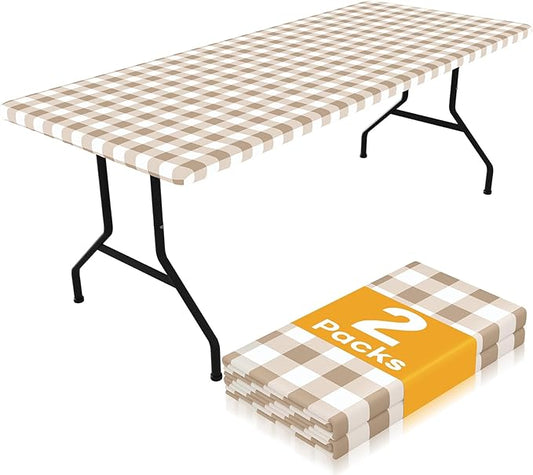 Smiry Picnic Table Cloth 2 Pack, Waterproof Elastic Fitted Tablecloths for 24x48 Rectangle Tables, Washable Polyester Buffalo Plaid Tablecloth for Camping, Dining & Outdoor (Khaki & White, 24" x 48")