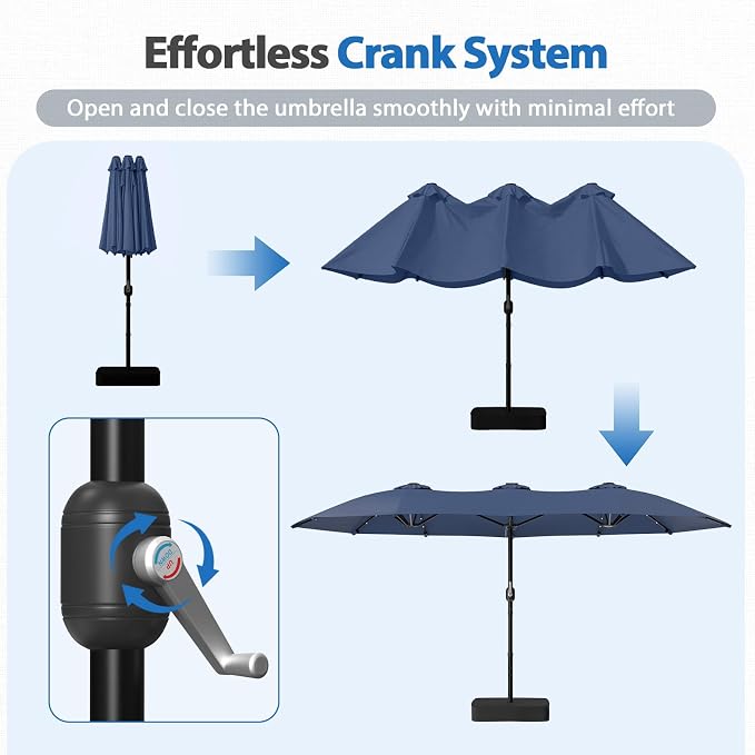 HOPERAN 15FT Patio Umbrella with Base Included, Large Outdoor Double-Sided Rectangle Table Umbrella with Easy Crank Lift, Market Umbrella for Backyard, Pool&Garden