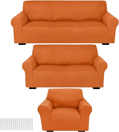 Peryiter 3 Pcs Couch and Loveseat Sofa Covers,Orange,Milk Silk | Armchair Covers for Living Room, Sofa Cushion Slipcover, Furniture Protector, Polyester and Spandex, Washable