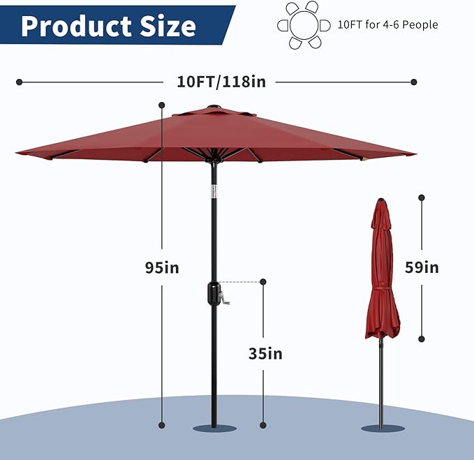 10 ft Patio Umbrella - 8 Sturdy Ribs Outdoor Table Umbrella with Crank Lift & Push Button Tilt - Market Umbrella for Pool, Deck, Yard, Garden - Red