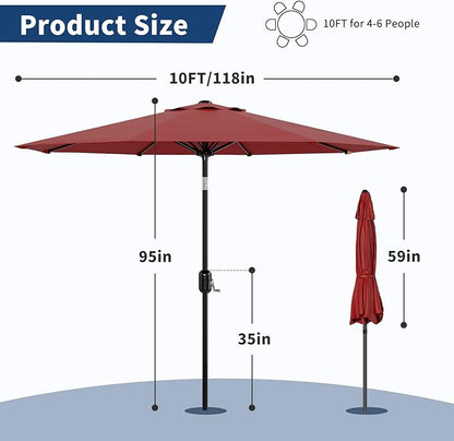 10 ft Patio Umbrella - 8 Sturdy Ribs Outdoor Table Umbrella with Crank Lift & Push Button Tilt - Market Umbrella for Pool, Deck, Yard, Garden - Red