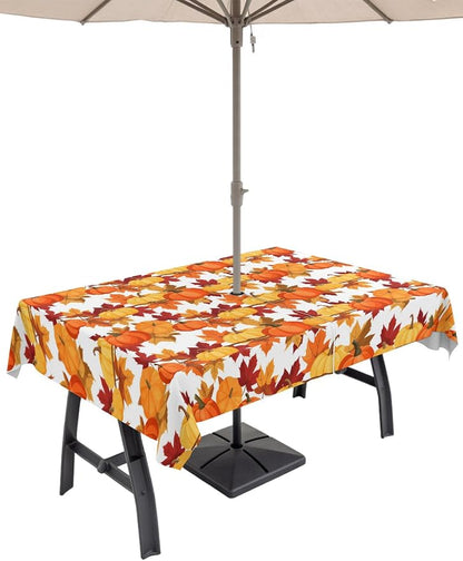 Fall Tablecloth with Umbrella Hole and Zipper Fall Leaves Pumpkin Rectangle Outdoor Tablecloths 60x102 Outside Table Cloths Autumn Harvest Patio Table Cover for Fall Thanksgiving Outdoor Picnic Garden