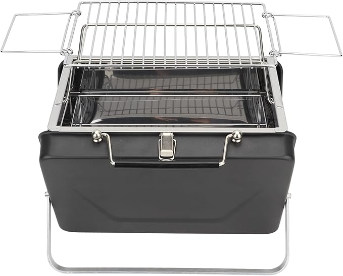Portable Charcoal BBQ Grill, Folding Notebook Grill for Camping, Outdoor Cooking Backyard Picnic, High Temperature Stainless Steel with Wavy Non Stick Design, Rust Proof (Black)