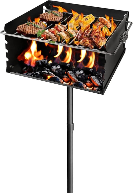 Park Style Charcoal Grill with Cooking Grate, Heavy Duty Carbon Steel Outdoor BBQ Grill with Plate, Single Post Park Grill for Camping, Backyard and Cooking (16 x 16 x 8 Inch)