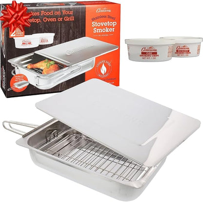 Camerons Large Stovetop Smoker - Stainless Steel BBQ Smoker Box w/Hickory & Oak Wood Chips & Recipe Guide - Indoor Outdoor Use on Any Heat for Smoking Meats, Veggies & Seafood - Grilling Gift for Men