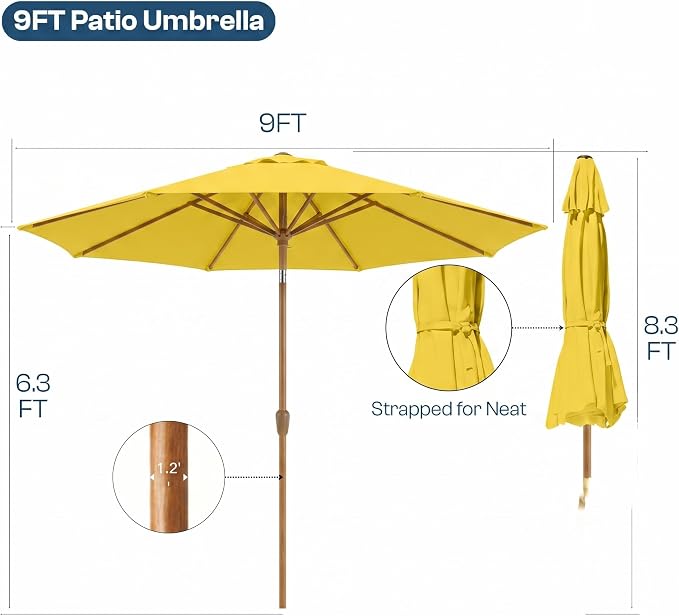 9ft Outdoor Patio Umbrella, Market Table Umbrella with Crank and Easy Push Button Tilt, Wood Grain Frame, UPF 50+ for Pool, Garden, Deck, Backyard