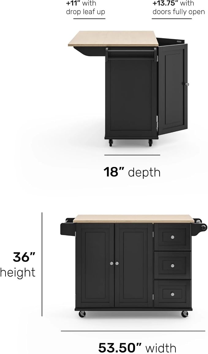 Homestyles Dolly Madison Black Mobile Kitchen Island Cart with Wood Drop Leaf Breakfast Bar
