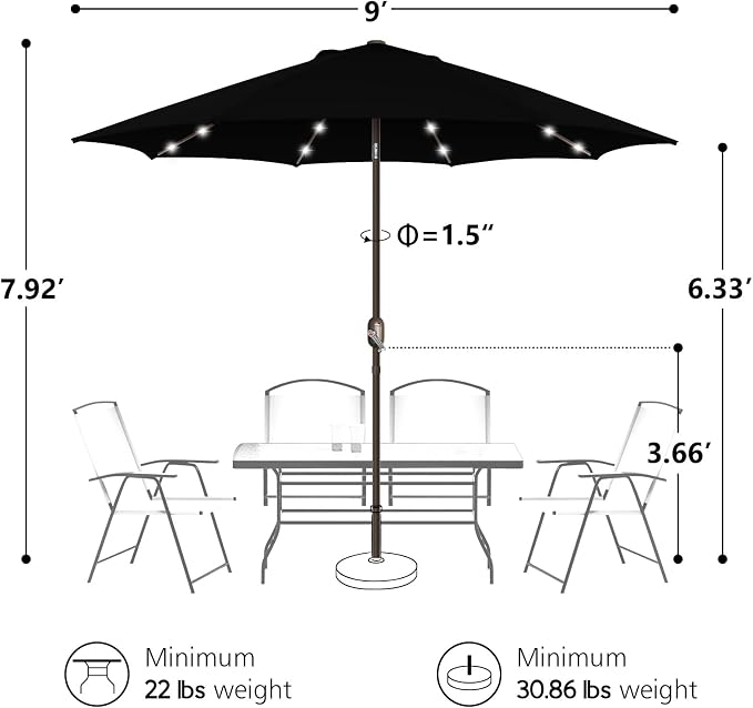 9ft Patio Umbrella with Solar Lights, Outdoor Umbrella with 24 LED Solar Umbrella Lights, Solar Patio Umbrella with Push Botton Tilt & Crank Ideal for Garden, Backyard & Pool, Black