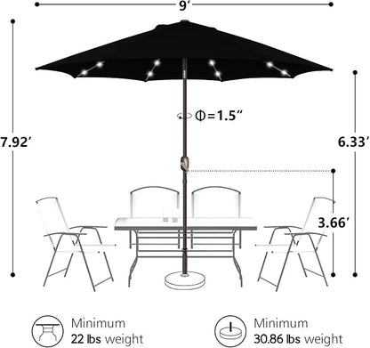 9ft Patio Umbrella with Solar Lights, Outdoor Umbrella with 24 LED Solar Umbrella Lights, Solar Patio Umbrella with Push Botton Tilt & Crank Ideal for Garden, Backyard & Pool, Black