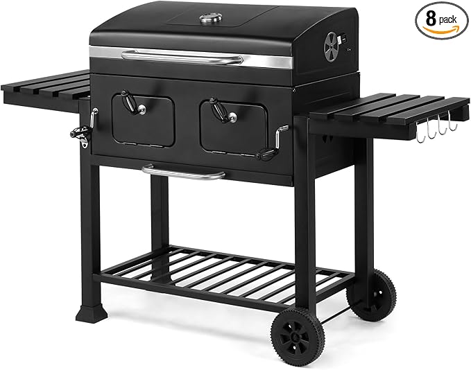 Charcoal Grill Outdoor BBQ Grill, Extra Large Cooking Area with Two Individual & Adjustable Charcoal Doors, Foldable Side Tables for Outdoor Cooking, Backyard, Camping, Picnics