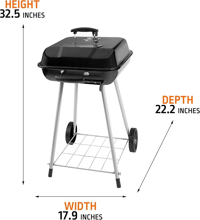 17.5 Inch Charcoal Grill with Wheels, Black - 302 Sq.In Cooking Surface, Porcelain Coated Outdoor Grill for Backyard, Patio, Camping, 16 Burger Capacity, Easy Assembly