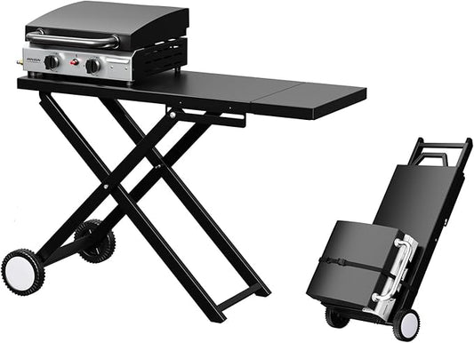 Bonnlo Foldable Flat Top Grill with 2 Burner & Lid, Powerful 20,000 BTU Propane Gas Grills with Ignition, Enamel Griddle, Side Shelf & Portable Cart with Wheels for Outdoor Camping Hibachi Grill Use