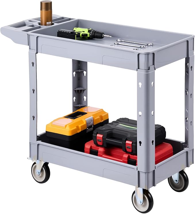 VEVOR Utility Cart, 550 lbs Capacity, 2 Tier Service Cart with 360° Swivel & Fixed Wheels (2 with Brakes), Heavy Duty Plastic Rolling with Storage Tray, Tool Storage for Garage Warehouse Workshop