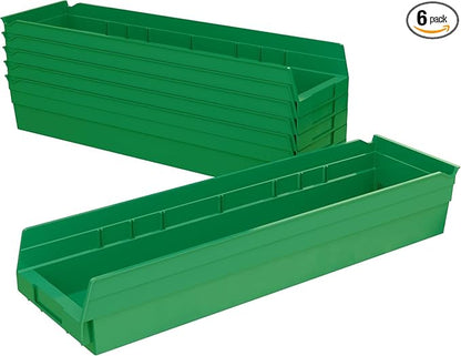 Akro-Mils 30164 Heavy Duty Plastic Shelf Bins, 24"x 6.5"x 4", Green, 6-Pk | Heavy Duty Nesting Storage Bins for Garage, Closet, Refrigerator, Kitchen, Cabinet, Drawer Organization, Pantry Organization