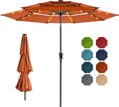 HOMSHADE 9FT 3-Tier Solar Patio Umbrella Heavy Duty,Vented Market Table Umbrella Windproof w/32 LED Lights,UPF50+,5-Year Fade Resistant,8 Thicker Ribs for Pool,Lawn,Garden,Deck (Orange,No Base)
