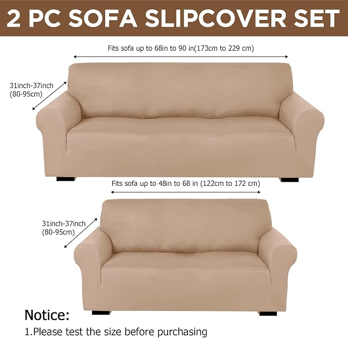Peryiter 2 Pcs Couch and Loveseat Sofa Covers,Sand Color,Milk Silk | Armchair Covers for Living Room, Sofa Cushion Slipcover 2/3 Seater, Furniture Protector, Polyester and Spandex, Washable
