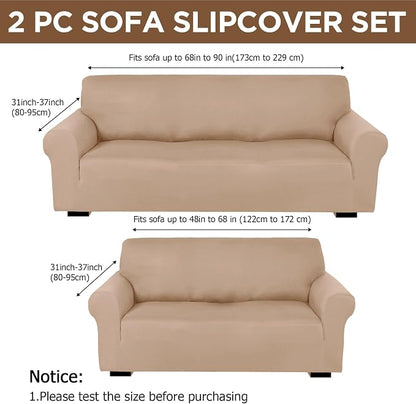 Peryiter 2 Pcs Couch and Loveseat Sofa Covers,Sand Color,Milk Silk | Armchair Covers for Living Room, Sofa Cushion Slipcover 2/3 Seater, Furniture Protector, Polyester and Spandex, Washable