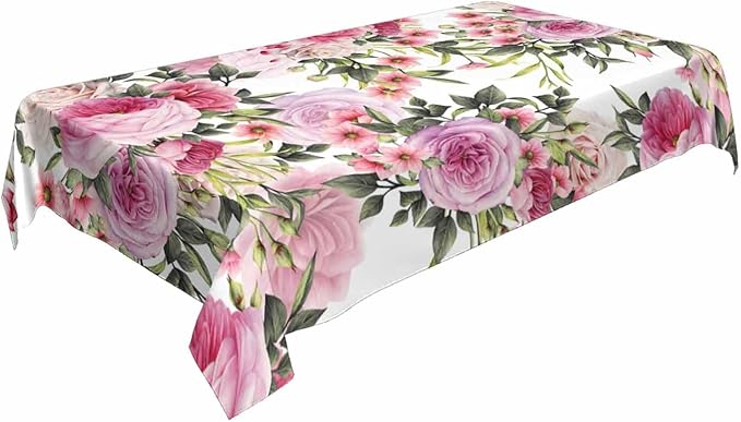 TKS MITLAN Roses Tablecloth 52 x 70 Inch Rectangular Wreath Pretty Floral Pink Peony Flowers Bud Leaf Bouquet Elegance Oblong Table Cloth Kitchen Table Decorations for Home Dinner Party
