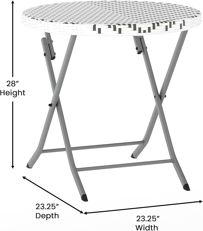 Flash Furniture Rouen Commercial Grade Folding Bistro Set, Indoor/Outdoor PE Rattan Table Top, Back and Seat, Charcoal Steel Frames, 3 Piece Set, Gray/White