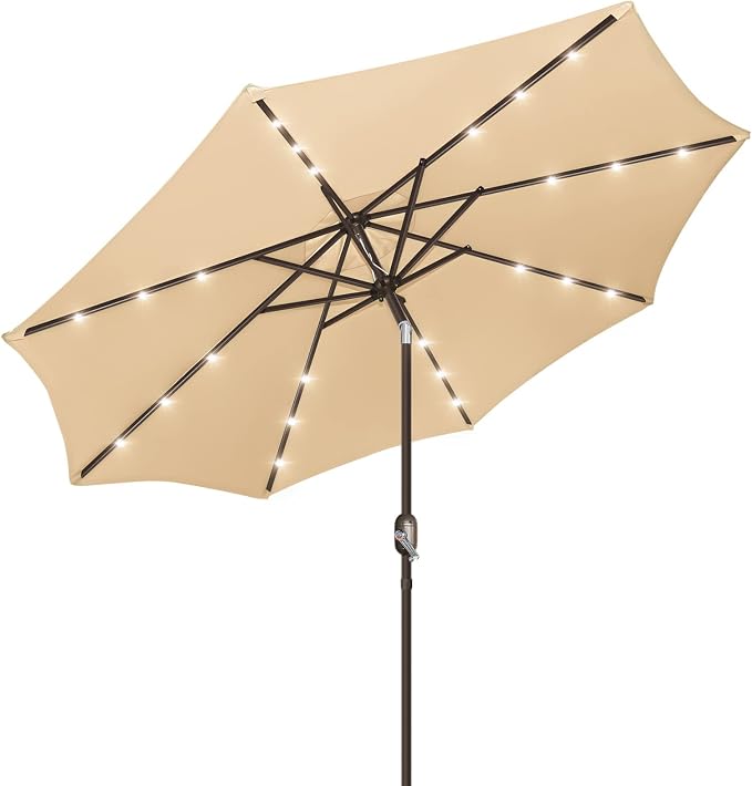 9ft Patio Umbrella with Solar Lights, Outdoor Umbrella with 24 LED Solar Umbrella Lights, Solar Patio Umbrella with Push Botton Tilt & Crank Ideal for Garden, Deck, Backyard & Pool, Brown