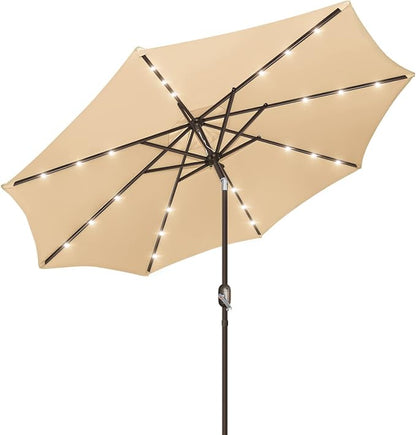 9ft Patio Umbrella with Solar Lights, Outdoor Umbrella with 24 LED Solar Umbrella Lights, Solar Patio Umbrella with Push Botton Tilt & Crank Ideal for Garden, Deck, Backyard & Pool, Brown