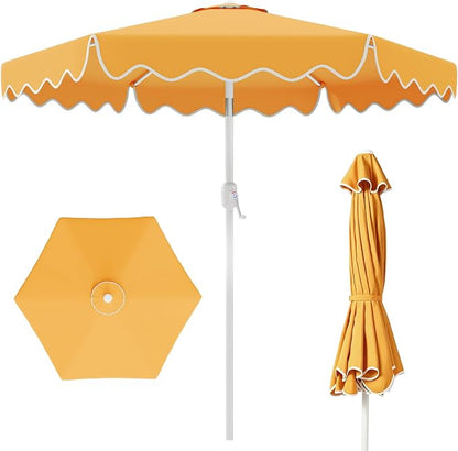 AreShark 7.5FT Outdoor Patio Umbrella with Wavy Trim (Mustard Yellow) | Market Table Umbrellas w/ 6 Sturdy Ribs, Crank & Tilt, White Pole, Pool Umbrella with UV-Fade Resistant Fabric, Heavy Frame