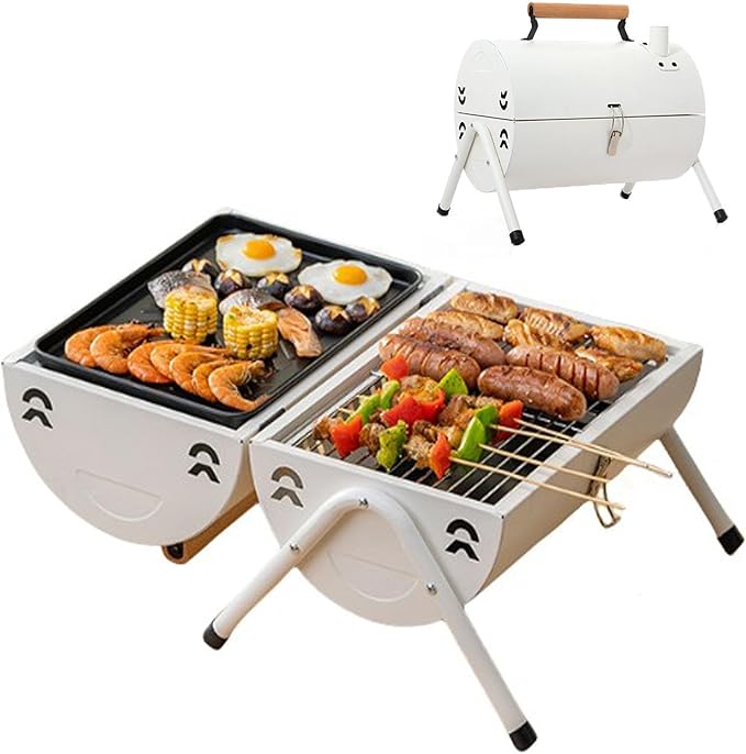 Portable Charcoal Grill, Small BBQ Grill, Tabletop Barbecue Grill with Chimney for Outdoor, Charcoal Grill for Camping Picnic Backyard Patio, Anti-scalding Handles, Easy Assembly (White)