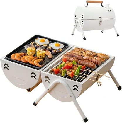 Portable Charcoal Grill, Small BBQ Grill, Tabletop Barbecue Grill with Chimney for Outdoor, Charcoal Grill for Camping Picnic Backyard Patio, Anti-scalding Handles, Easy Assembly (White)