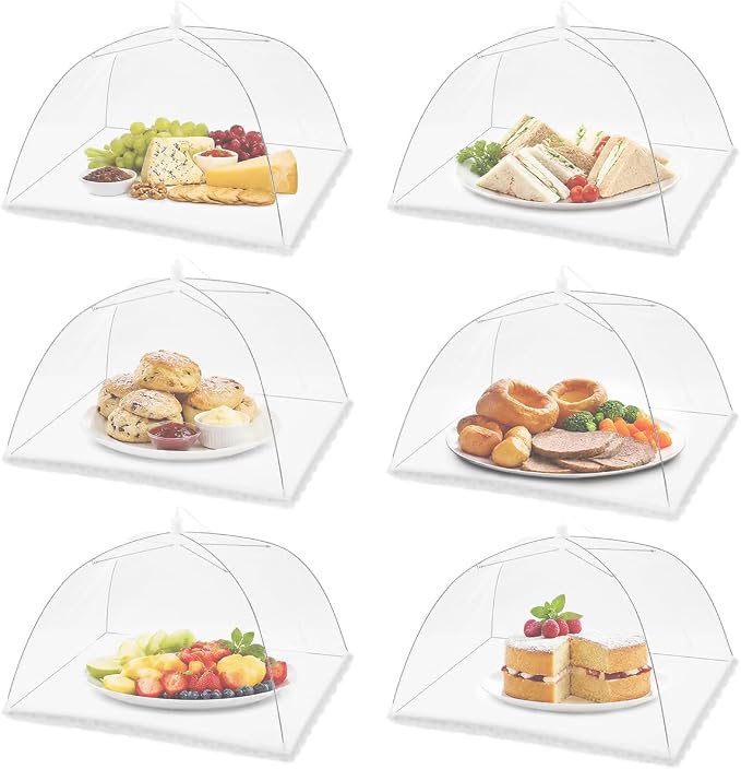 (6 Pack) Pop-Up Outside Picnic Mesh Food Covers Tent Umbrella for Outdoors and Camping Food Net Cover Keep Out Flies Mosquitoes Ideal for Parties BBQ, Reusable and Collapsible 17 x 17inches