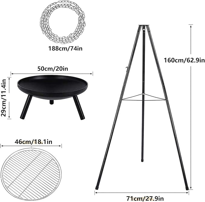 Portable Charcoal Grill for Camping BBQ Grills Outdoor Barbecue Grill with Adjustable Height Tripod Fire Pit and Stainless Steel Net for Campfire Cooking Patio Heater and Pot Rack,A-1