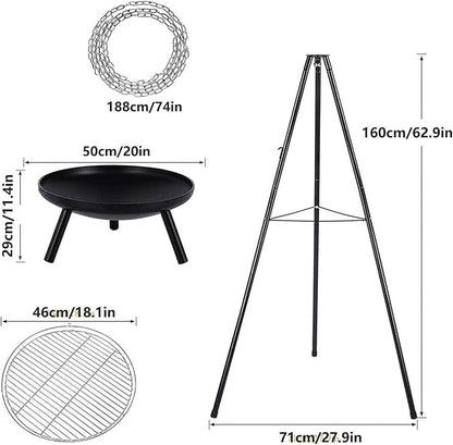 Portable Charcoal Grill for Camping BBQ Grills Outdoor Barbecue Grill with Adjustable Height Tripod Fire Pit and Stainless Steel Net for Campfire Cooking Patio Heater and Pot Rack,A-1