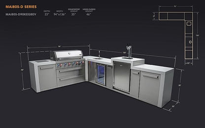 Mont Alpi Deluxe 94"W x 136"D Premium L-shaped Stainless Steel Outdoor Kitchen Island + Fridge Faucet & Sink + 3-tap Kegerator Beer Dispenser + 44"W 6-Burner BBQ Grill + Granite Countertops + Cover