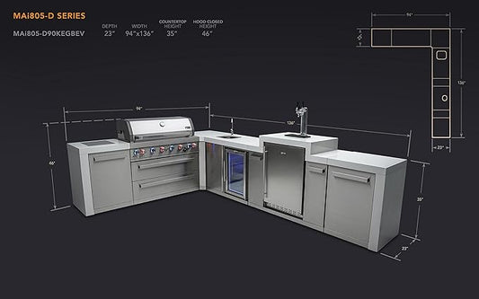 Mont Alpi Deluxe 94"W x 136"D Premium L-shaped Stainless Steel Outdoor Kitchen Island + Fridge Faucet & Sink + 3-tap Kegerator Beer Dispenser + 44"W 6-Burner BBQ Grill + Granite Countertops + Cover