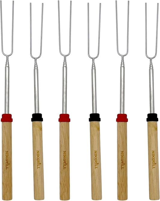 Nexgrill Extendable Roasting Grill Fork Stick, 6-Pack 32" Roasting Sticks, Dual Fork Grilling & Cooking Accessory for BBQs, Tailgating, Camping, Outdoor Cooking, 530-0023G