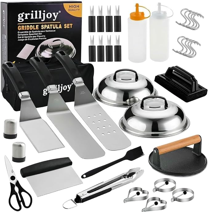 Grilljoy 38pcs Professional Griddle Accessories Kit for Blackstone, with Smash Burger Press, Extra Thick Griddle Spatula, Turner, Flipper - Flat Top Grill Accessories for Outdoor Grill