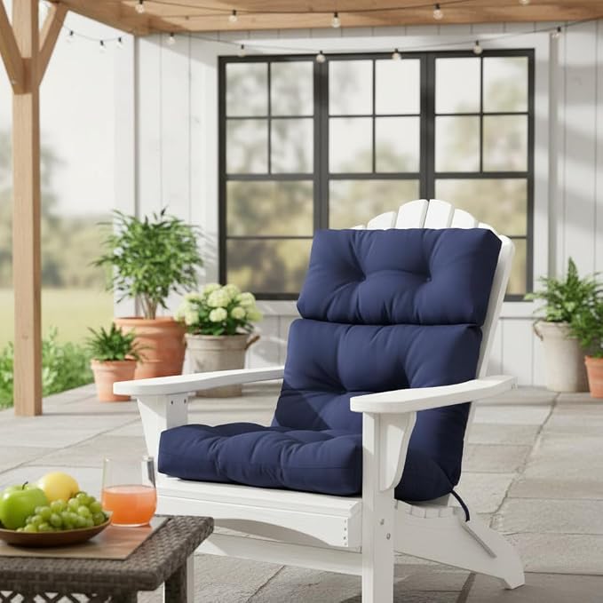 Outdoor Tufted High-Back Chair Cushions, One-Piece Hinged Seat and Back Design, Reversible with 4 Ties, Durable Polyester Fabric, Recycled Fiber Fill - Single, Navy
