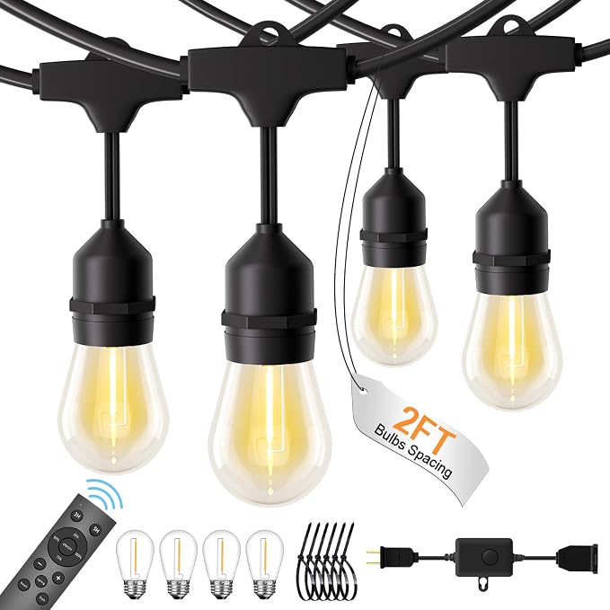 96FT Patio Lights, Remote & Connectable, Outdoor Waterproof | 2FT Bulb Spacing, Heavy Duty Commercial Grade, 18 AWG Cord, 48+4 Shatterproof Bulbs, Timer & Dimmable, IP65, 2700K Warm White