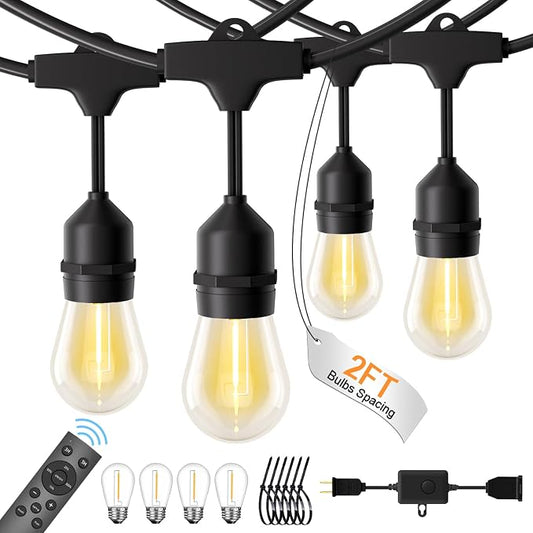 96FT Patio Lights, Remote & Connectable, Outdoor Waterproof | 2FT Bulb Spacing, Heavy Duty Commercial Grade, 18 AWG Cord, 48+4 Shatterproof Bulbs, Timer & Dimmable, IP65, 2700K Warm White