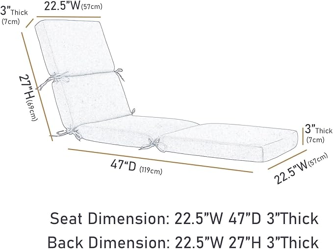 3" Solid Outdoor Lounge Chair Cushion, 74 x 22.5 inch Weather Resistant Chaise Lounge Cushion with 6 Ties for Patio Pool Furniture