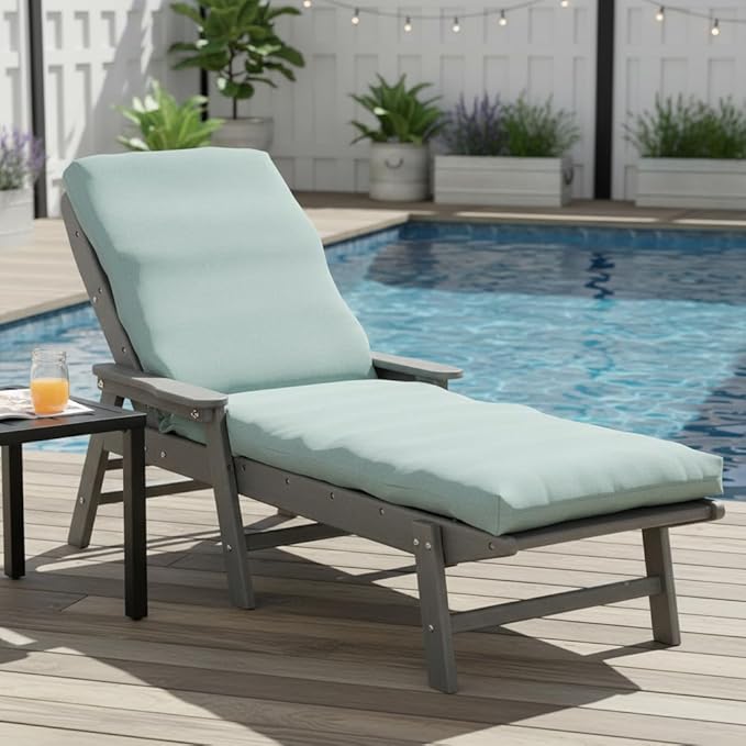 Modern Outdoor Chaise Lounge Cushion with Ties – Durable Polyester Fabric, Channel-Filled Polyfiber Insert, Removable Zippered Cover, Seaglass