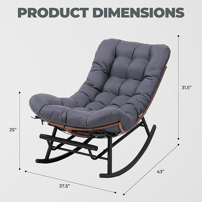 COMHOMA Outdoor Rocking Papasan Chair, Oversized Wicker Patio Rocker, Indoor Comfy Wicker Reading Lounge, Bed-Like Comfort Egg Chair for Bedroom,Balcony, Porch, Garden, Grey