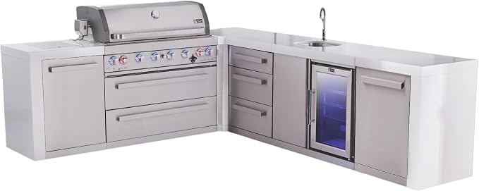 Mont Alpi 94"W x 113"D L-shaped Deluxe Stainless Steel Outdoor Kitchen Island with Fridge Faucet & Sink Combo + 44"W 6-Burner BBQ Grill + White Granite Countertops + Storage Drawers + Cabinets + Cover