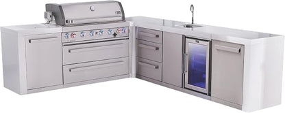Mont Alpi 94"W x 113"D L-shaped Deluxe Stainless Steel Outdoor Kitchen Island with Fridge Faucet & Sink Combo + 44"W 6-Burner BBQ Grill + White Granite Countertops + Storage Drawers + Cabinets + Cover
