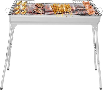 Portable BBQ Charcoal Standing Grill, Stainless Steel Metal Outdoor Cooking Grill for Steaks in Courtyard, Backyard Patio, Camping, Tailgating, and Picnics with Iron Grill, Carbon Mesh Silver