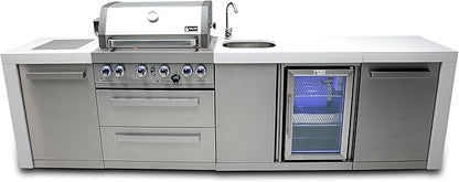 Mont Alpi Premium 120"W Deluxe Stainless Steel Modular Outdoor Kitchen Island with Refrigerator + 32"W 4-Burner BBQ Gas Grill + Faucet & Sink + White Granite Countertops + Storage Cabinets + Cover