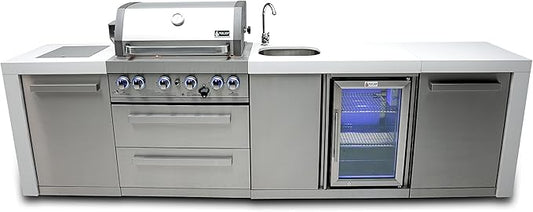 Mont Alpi Premium 120"W Deluxe Stainless Steel Modular Outdoor Kitchen Island with Refrigerator + 32"W 4-Burner BBQ Gas Grill + Faucet & Sink + White Granite Countertops + Storage Cabinets + Cover